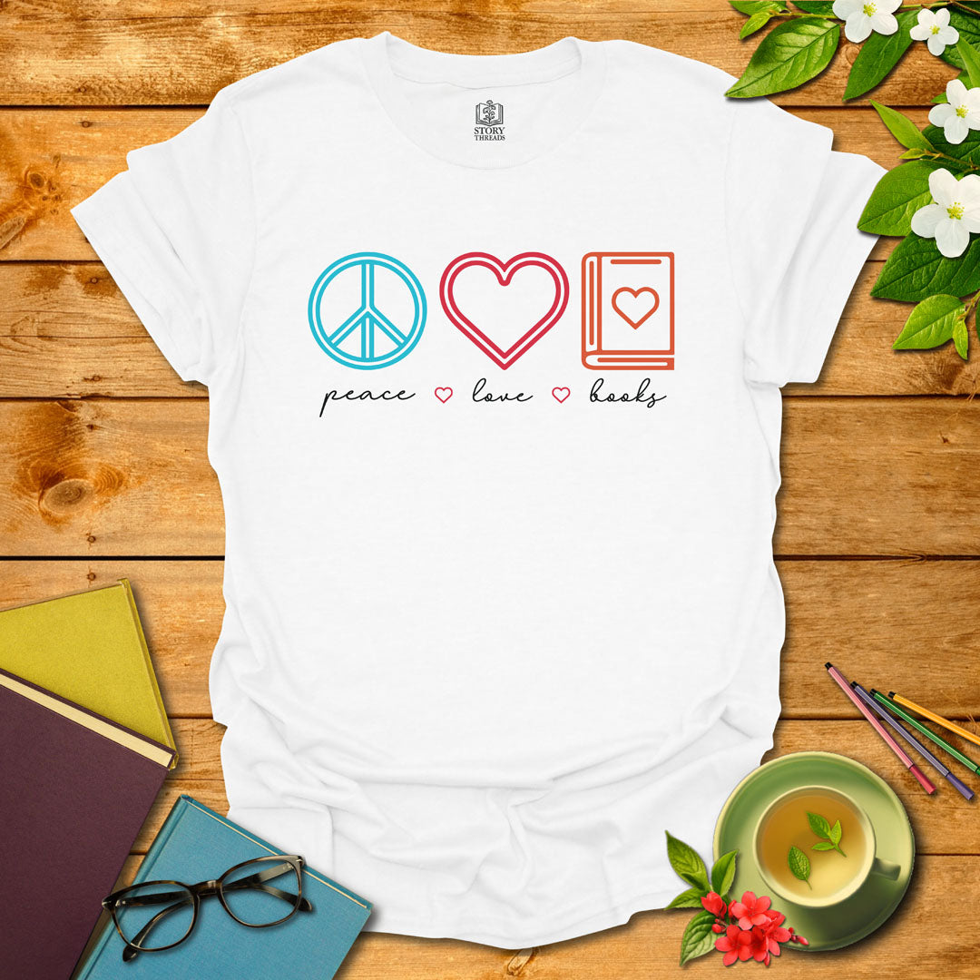 Retro Peace Love Books T-shirt
